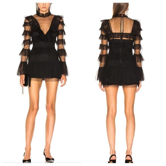 ALICE MCCALL Zen Black Ruffle Tiered Tulle Mesh Long Sleeve Mini Dress US 10 - Picture 2 of 8